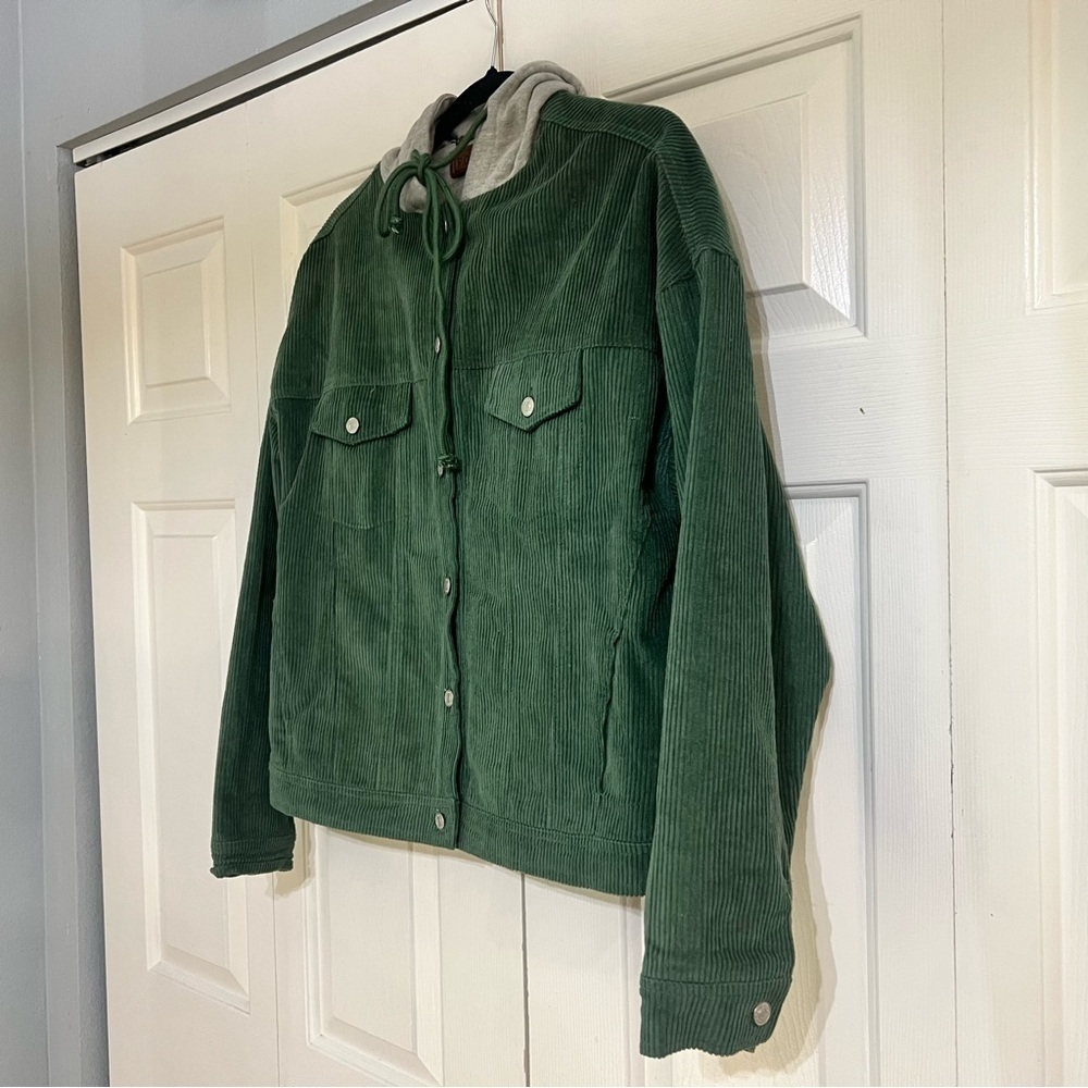 POL Corduroy Jacket Coat Green Hooded Womens Size Medium Lined Gray - Picture 2 of 6